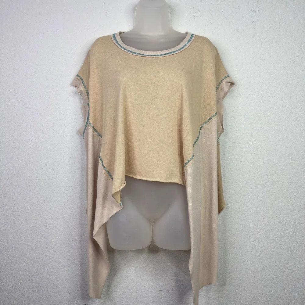 POL Shirt Womens M Beige Knit Crop Oversized Asymmetrical Boho Lagenlook Draped - Picture 1 of 8